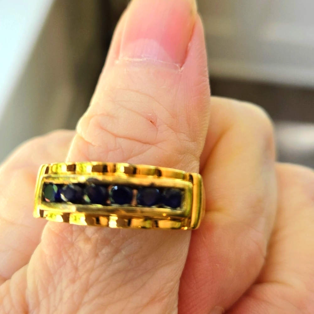 Mens 18k gold over Sterling Silver Created sapphire band ring
